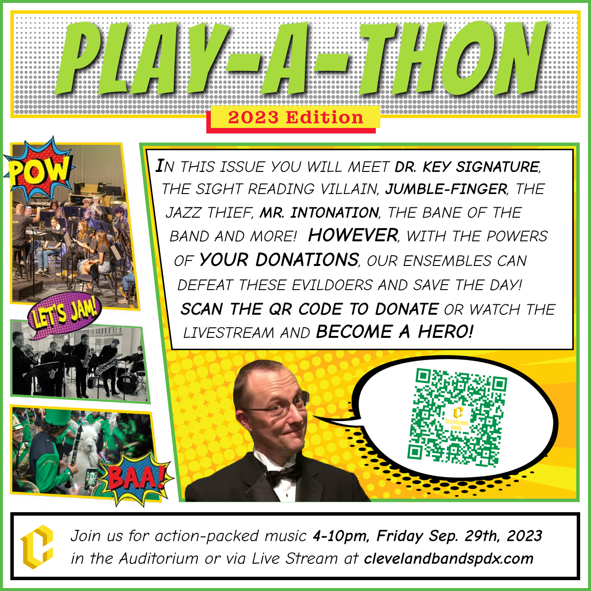 Play-a-thon 2023 Edition - Join us for action packed music 4-10pm, Friday September 29th, 2023 in the Auditorium or via Live Stream.